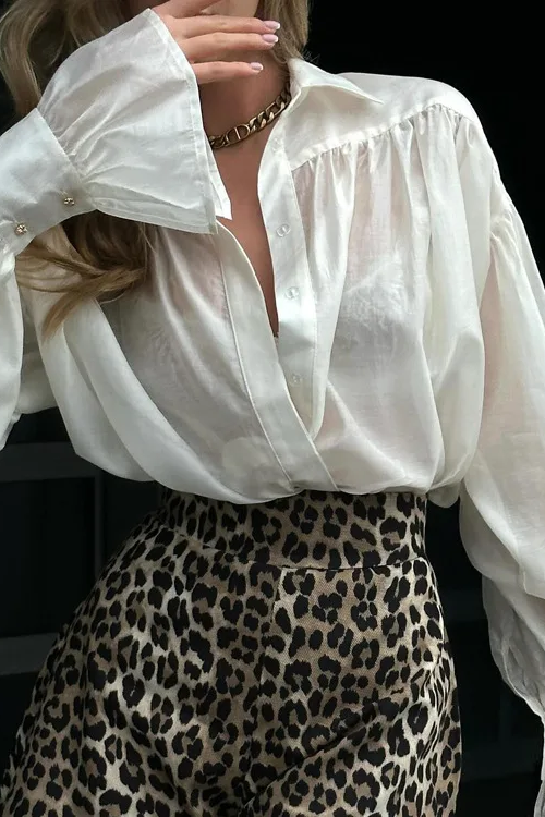 Women's Fashionable Loose Collared Shirt Office Lady Solid Color Versatile Flare sleeve Top Long Sleeved Shirt