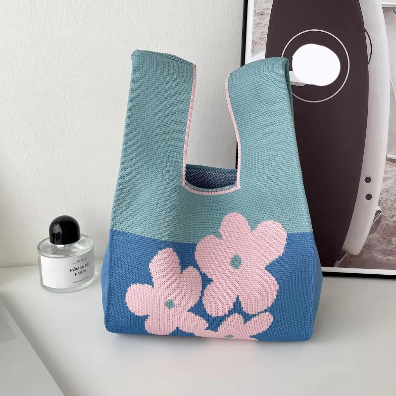 Mini Purse Custom Kids Tote Handbags Polyester Knitted Shoulder Bag Floral Beach Tote Bags for Women