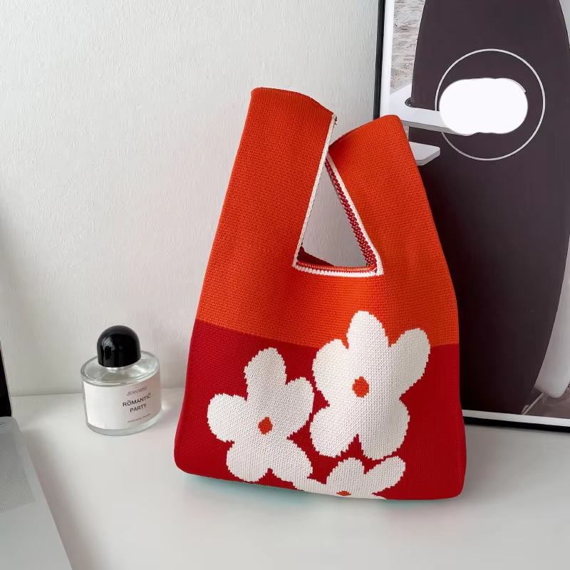 Mini Purse Custom Kids Tote Handbags Polyester Knitted Shoulder Bag Floral Beach Tote Bags for Women
