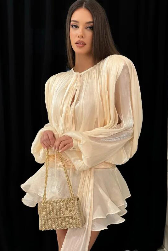 Stunning Shiny Ruffles Lace Up Mini Dress Women's Chic Loose Hollow Out A-line Pleated Vestidos Lady Summer Party Gowns