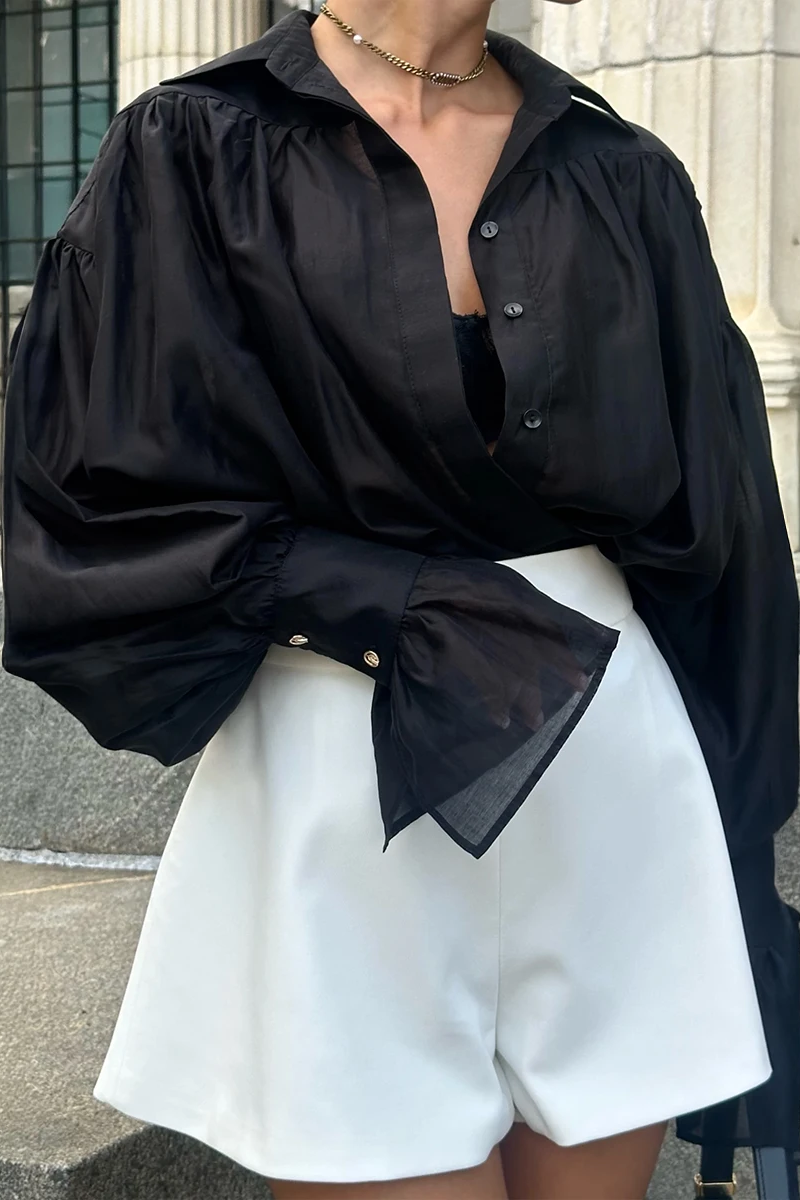 Women's Fashionable Loose Collared Shirt Office Lady Solid Color Versatile Flare sleeve Top Long Sleeved Shirt