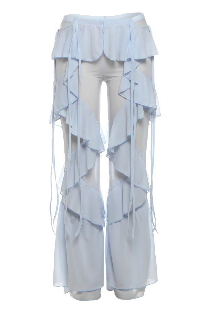 Irregular Tierred Flare Pants Women Y2K Patchwork See Through Summer Hipster Wild Basic Street Trend Classic Trousers