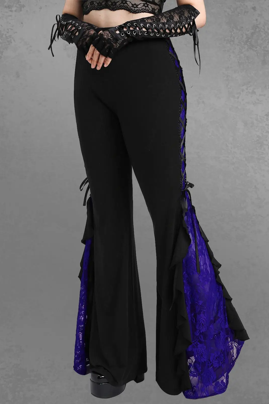 Gothic Lace Panel Lace-up Ruffle Flare Pant Women Streetwear Elastic Waist Pull On Pant Colorblock Bell Bottom