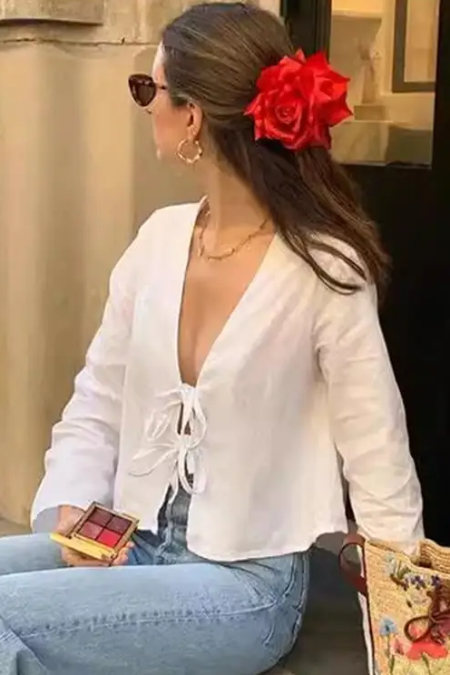 Loose Lace Up Bow Shirt Women Elegant V Neck Long Flare Sleeve Lady Simple High Street Female Tops