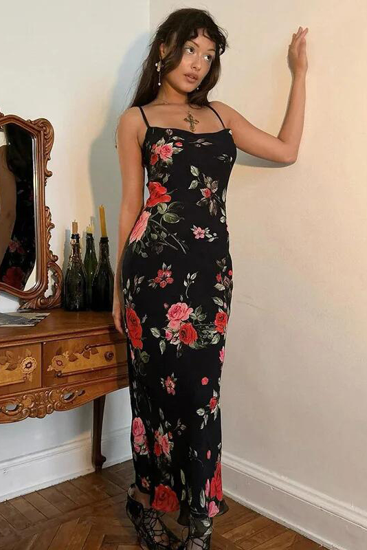 Flowers Print Spaghetti Strap Dresses Women Temperament Package Hip Bodycon Long Dress Fashion Sexy Backless Lady Slim Vestidos