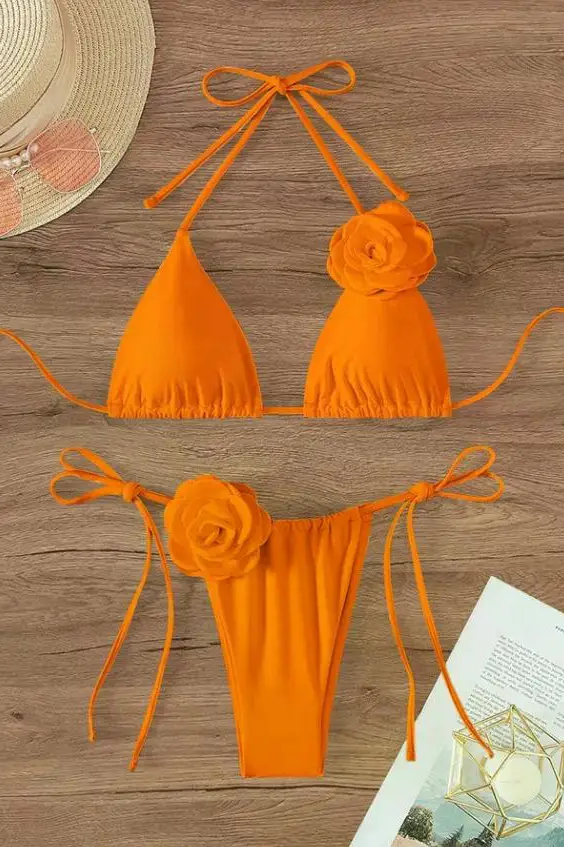 Sexy 3D Flowers Halter Strappy Bikini Women Swimwear Female Swimsuit Two-pieces Bikini Set Bather Bathing Suit Swim