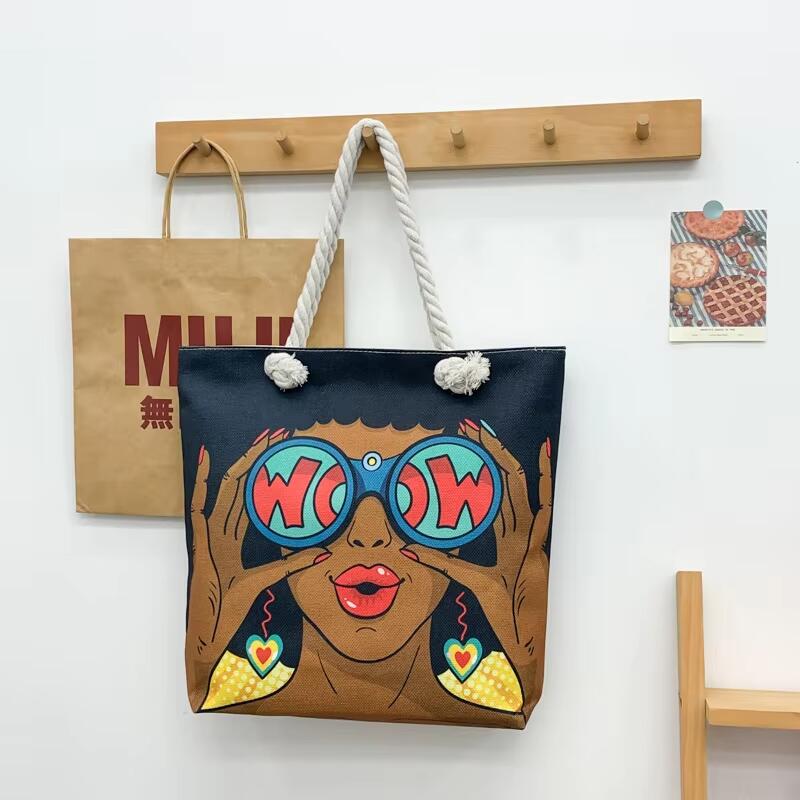 Wholesale Girl Art Print Shoulder Handbags Custom Logo Fun Cartoon Pattern Canvas Tote Bag With Rope Handle