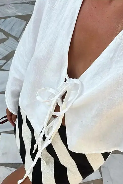 Loose Lace Up Bow Shirt Women Elegant V Neck Long Flare Sleeve Lady Simple High Street Female Tops