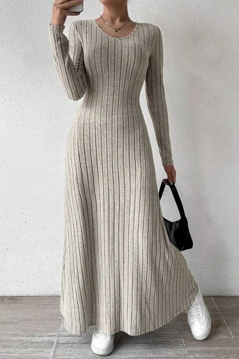 Fashionable Knitted Long Sleeve A- Line Streetwear Dress For Women Smooths And Slims Your Silhouette Solid Color Long Dress
