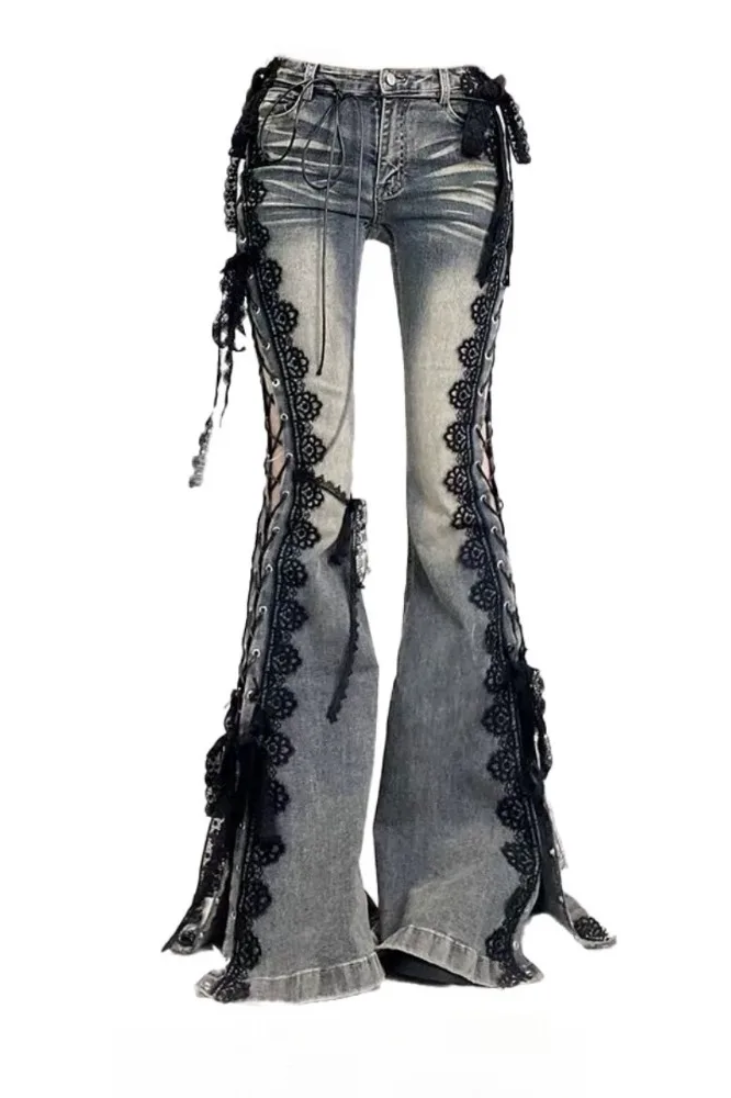 Low Rise Split Bootcut Pants Women Eyelets Lace Up Flare Jeans Retro Stitch Lace Slim Bell Bottoms Streetwear