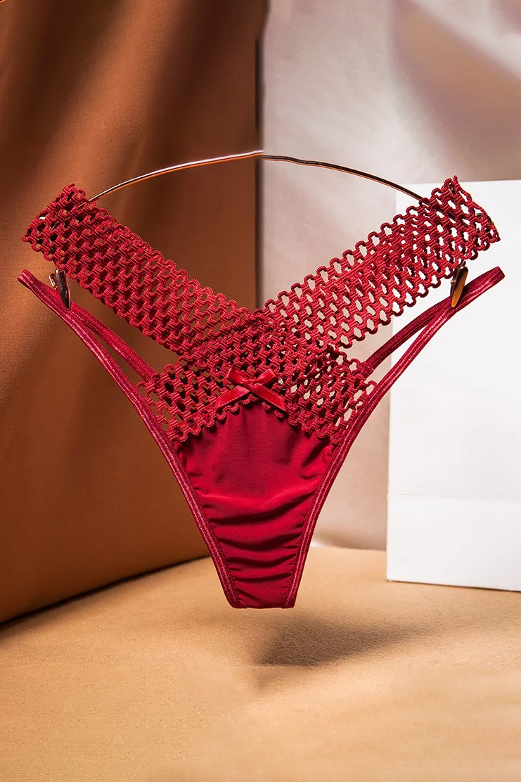 Women's Panties Cross Cut Ice Silk Thong Sports Fashion Perspective Low Waist Ribbons Sexy Lingerie Thongs ﻿