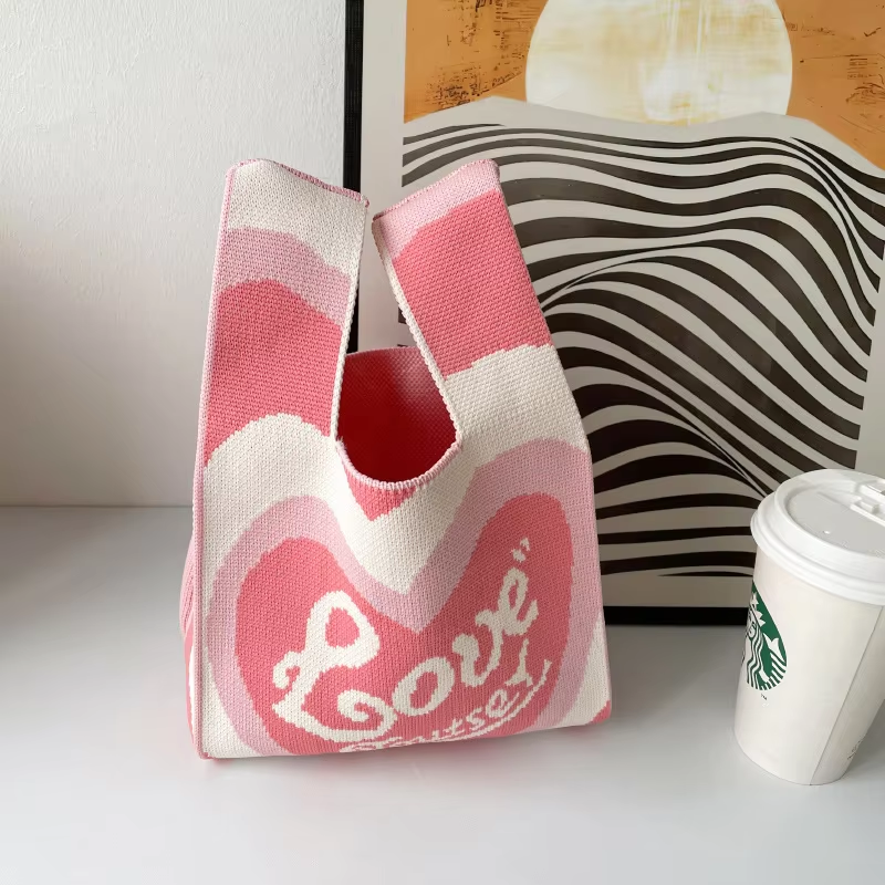 Mini Purse Custom Kids Tote Handbags Polyester Knitted Shoulder Bag Floral Beach Tote Bags for Women