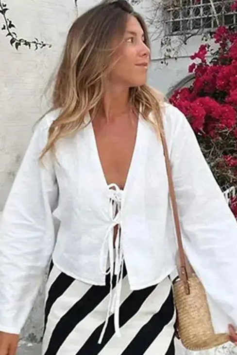 Loose Lace Up Bow Shirt Women Elegant V Neck Long Flare Sleeve Lady Simple High Street Female Tops