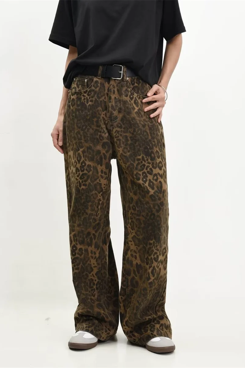 Vintage Leopard Jeans Women Denim Pants Female Oversize Casual Wide Leg Trousers Streetwear Hip Hop Clothes Loose Y2K