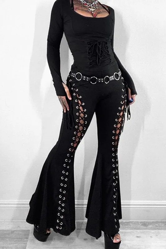 Sexy Punk Flared Pants Long Trouser Women Lace Up Front Hollow Cut Out Bell Bottom Tied Up High Waist Streetwear ﻿