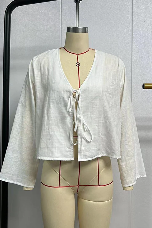 Loose Lace Up Bow Shirt Women Elegant V Neck Long Flare Sleeve Lady Simple High Street Female Tops