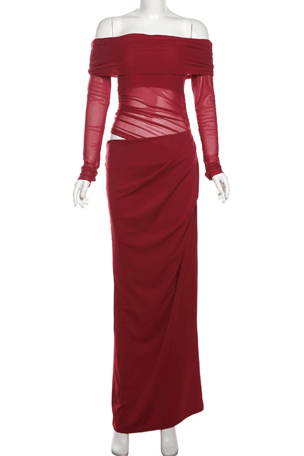 Cutenew Mesh Ruched Women Maxi Dress Sexy See Through Off Shoulder Long Sleeve Sheath Vestidos Female Midnight Party Solid Robe