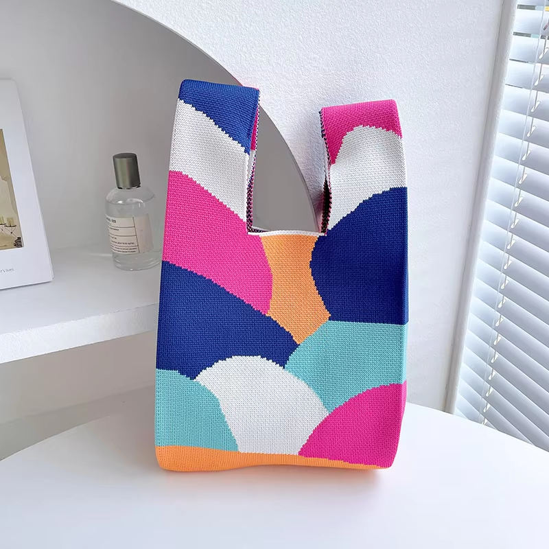 Mini Purse Custom Kids Tote Handbags Polyester Knitted Shoulder Bag Floral Beach Tote Bags for Women