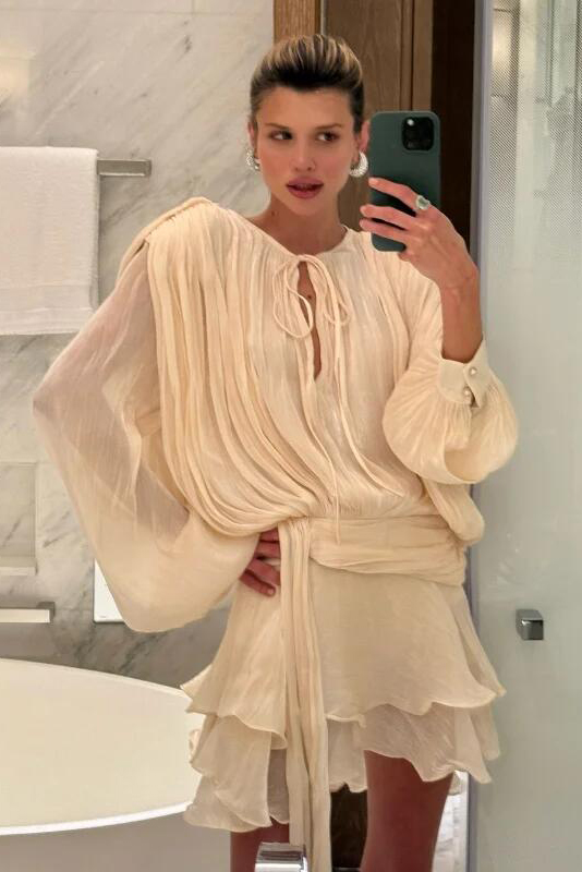 Stunning Shiny Ruffles Lace Up Mini Dress Women's Chic Loose Hollow Out A-line Pleated Vestidos Lady Summer Party Gowns