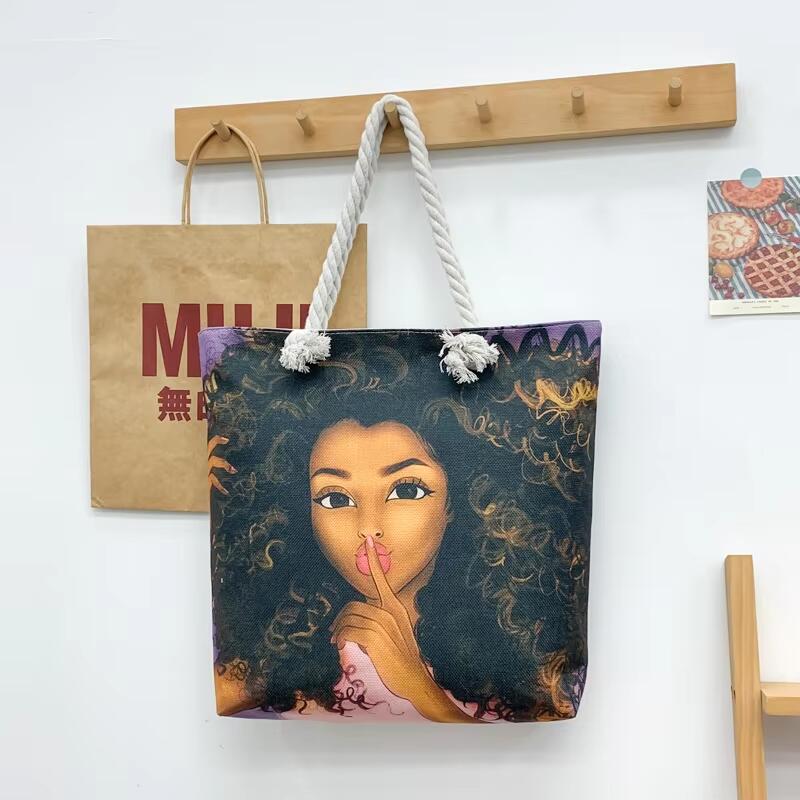 Wholesale Girl Art Print Shoulder Handbags Custom Logo Fun Cartoon Pattern Canvas Tote Bag With Rope Handle