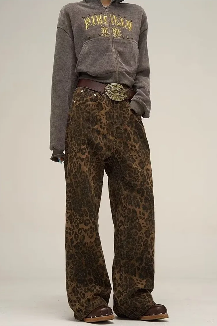 Vintage Leopard Jeans Women Denim Pants Female Oversize Casual Wide Leg Trousers Streetwear Hip Hop Clothes Loose Y2K