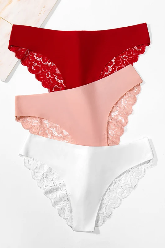 3PCS Women's Panties Set Sweet Lace Female Underwear Hollow Out Sexy Lingerie Soft Silk Satin Briefs Cozy Woman Underpants