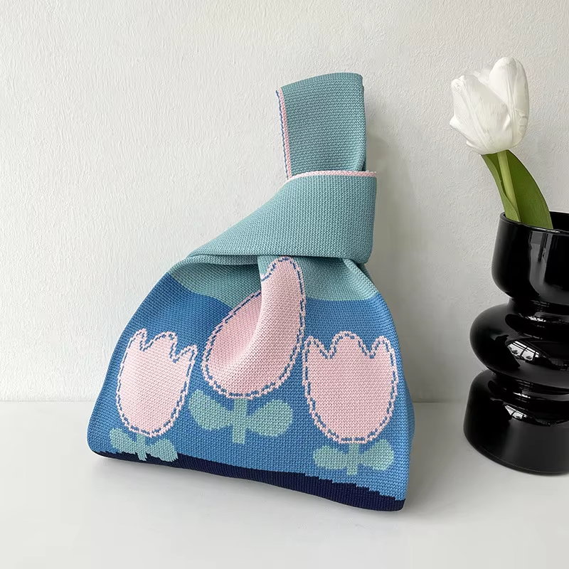 Mini Purse Custom Kids Tote Handbags Polyester Knitted Shoulder Bag Floral Beach Tote Bags for Women