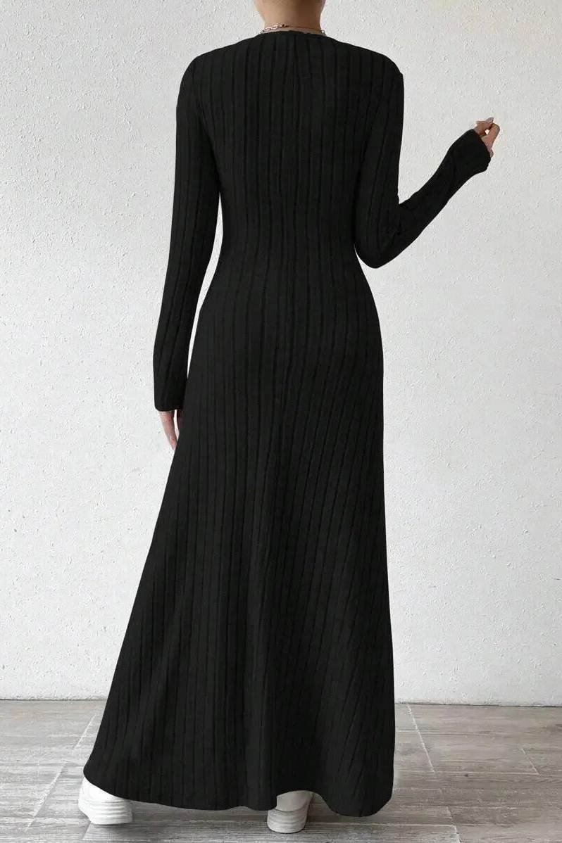 Fashionable Knitted Long Sleeve A- Line Streetwear Dress For Women Smooths And Slims Your Silhouette Solid Color Long Dress