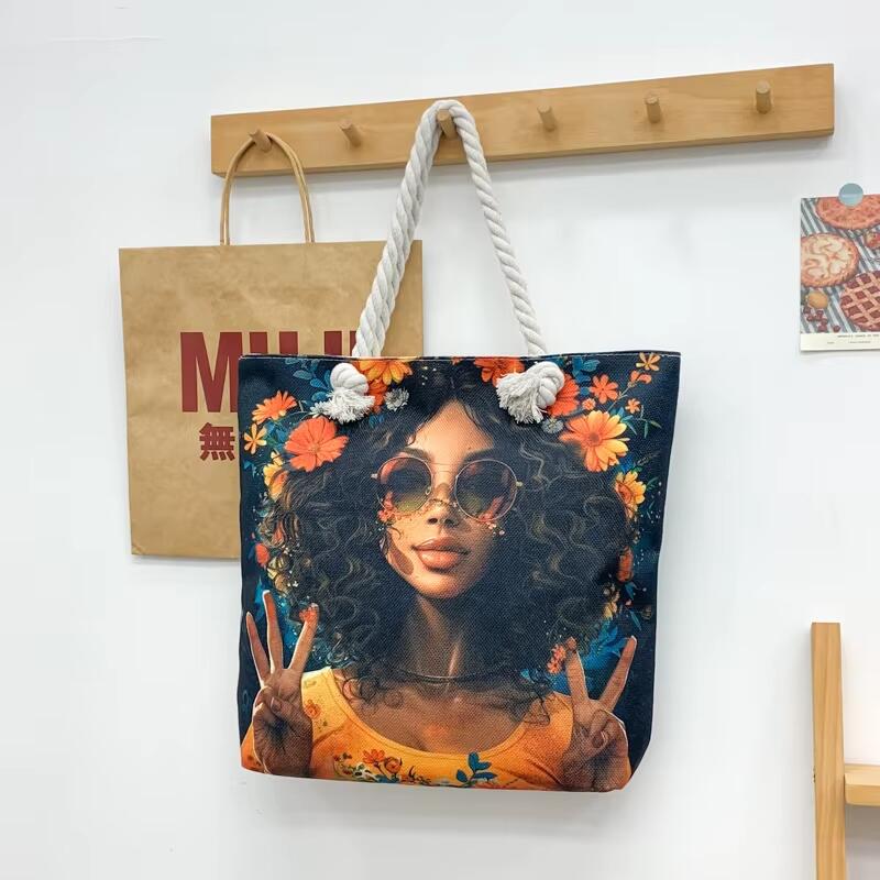 Wholesale Girl Art Print Shoulder Handbags Custom Logo Fun Cartoon Pattern Canvas Tote Bag With Rope Handle