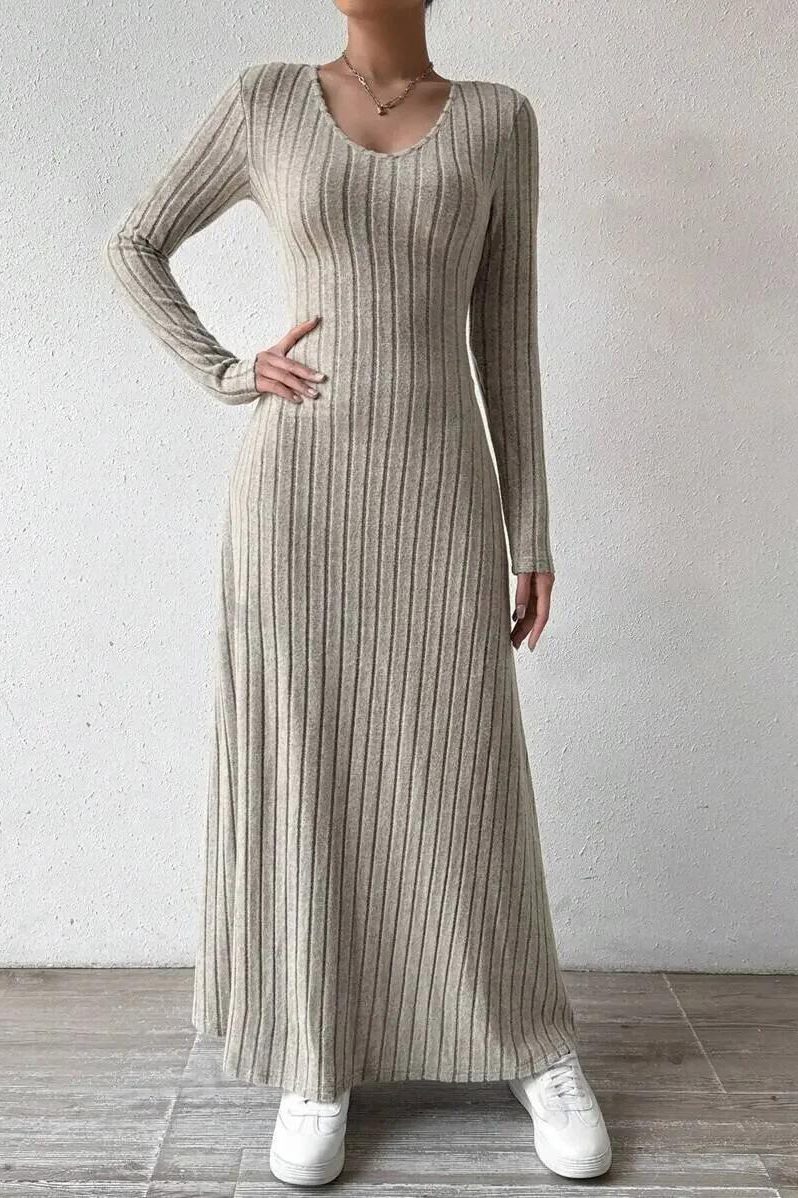 Fashionable Knitted Long Sleeve A- Line Streetwear Dress For Women Smooths And Slims Your Silhouette Solid Color Long Dress