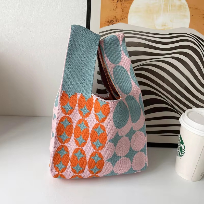 Mini Purse Custom Kids Tote Handbags Polyester Knitted Shoulder Bag Floral Beach Tote Bags for Women