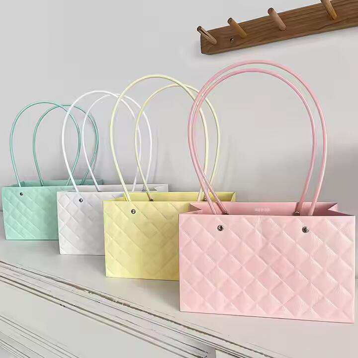 Rectangle Handbag Surface Rhomboid Embossing Waterproof Floral Bouquet Packaging Box Fresh Flower Paper Bag