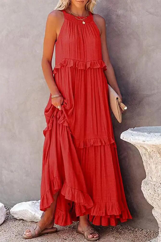 Women Casual Solid Ruffles Long Dress Summer Elegant Sleeveless Sundress Elegant Harajuku Maxi Dress Beach Party Evening Vestido