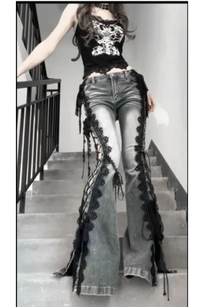Low Rise Split Bootcut Pants Women Eyelets Lace Up Flare Jeans Retro Stitch Lace Slim Bell Bottoms Streetwear
