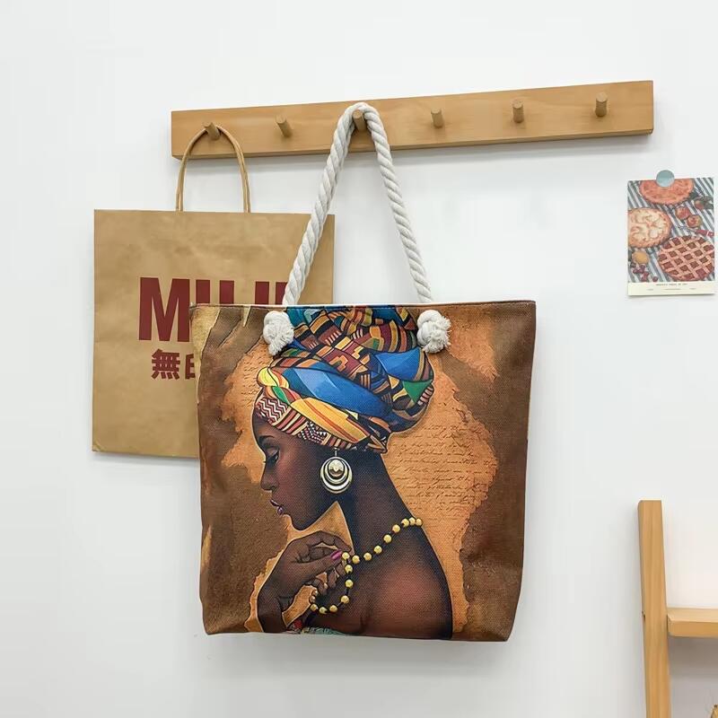 Wholesale Girl Art Print Shoulder Handbags Custom Logo Fun Cartoon Pattern Canvas Tote Bag With Rope Handle