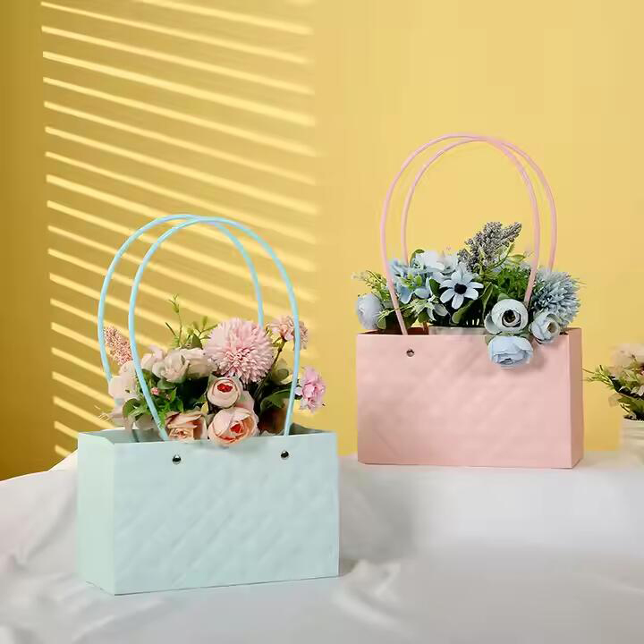 Rectangle Handbag Surface Rhomboid Embossing Waterproof Floral Bouquet Packaging Box Fresh Flower Paper Bag