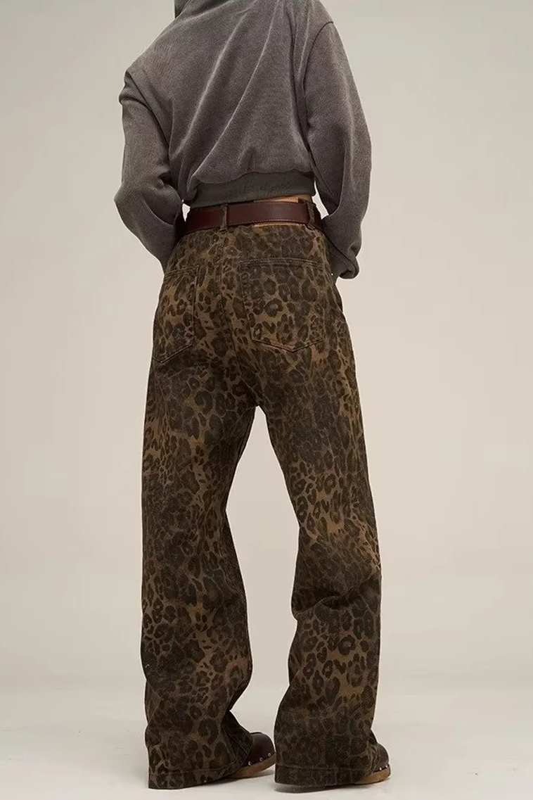 Vintage Leopard Jeans Women Denim Pants Female Oversize Casual Wide Leg Trousers Streetwear Hip Hop Clothes Loose Y2K