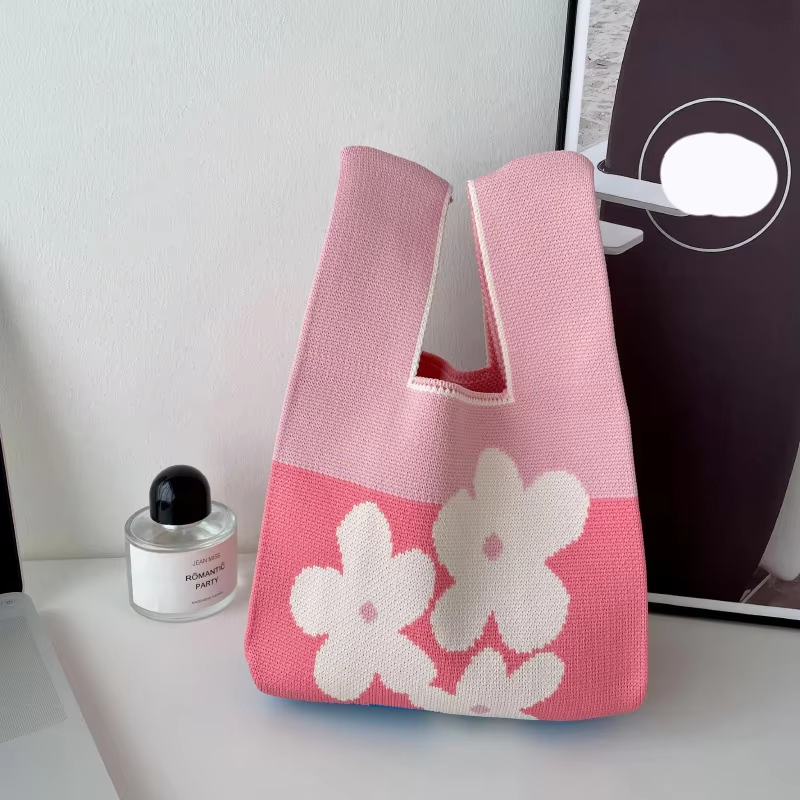 Mini Purse Custom Kids Tote Handbags Polyester Knitted Shoulder Bag Floral Beach Tote Bags for Women