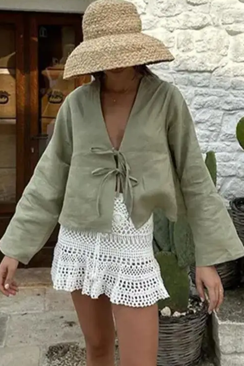 Loose Lace Up Bow Shirt Women Elegant V Neck Long Flare Sleeve Lady Simple High Street Female Tops