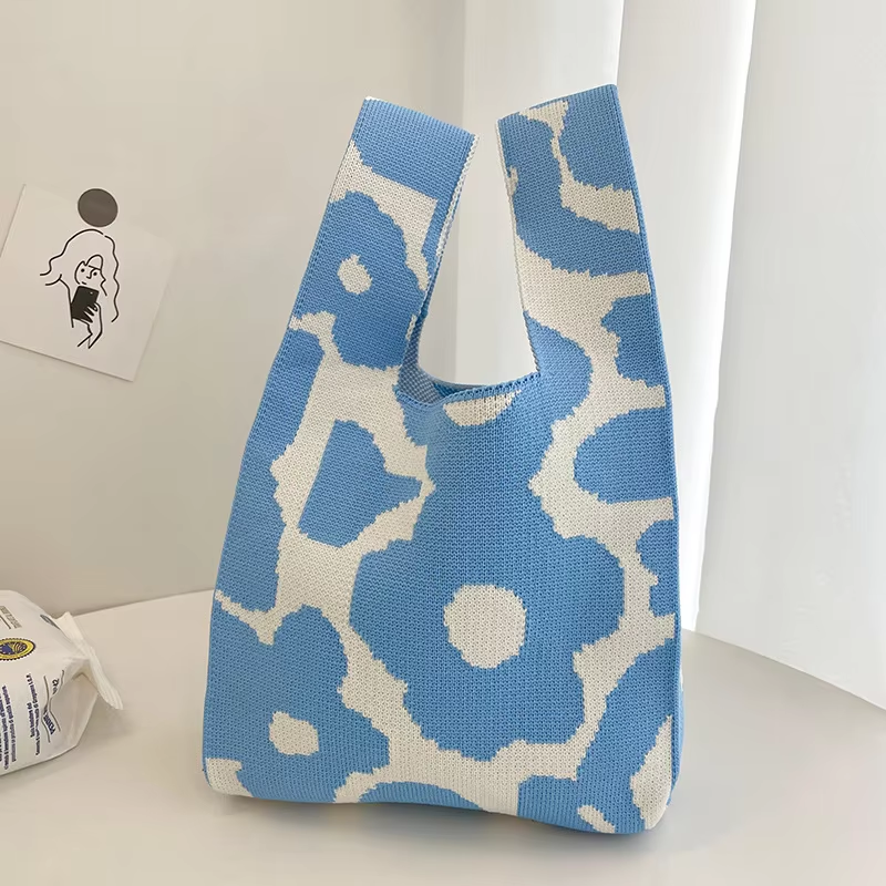 Mini Purse Custom Kids Tote Handbags Polyester Knitted Shoulder Bag Floral Beach Tote Bags for Women
