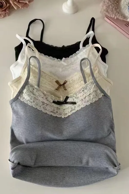 Knitted Crop Top For Women Solid Color Lace Sling Tops Knitwear Tank Top Female Sexy Slim Camisole Sweet Short Beau Back Top