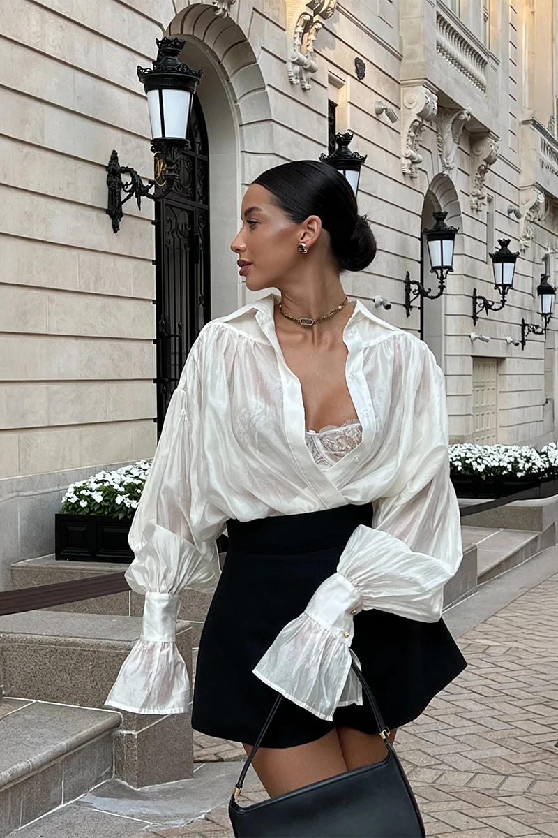 Women's Fashionable Loose Collared Shirt Office Lady Solid Color Versatile Flare sleeve Top Long Sleeved Shirt