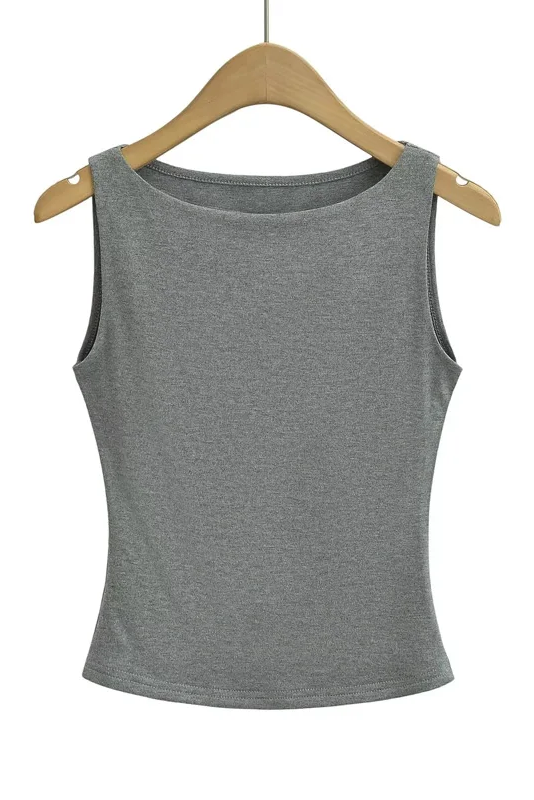 Women Double Layer Boat Neck Soft Slinky Tank Top