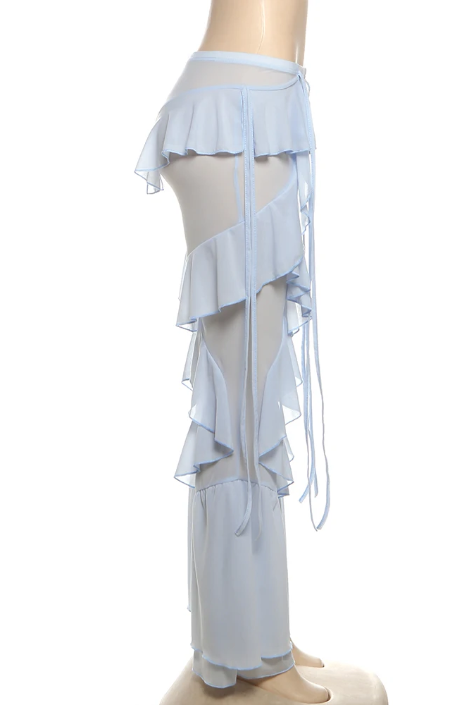 Irregular Tierred Flare Pants Women Y2K Patchwork See Through Summer Hipster Wild Basic Street Trend Classic Trousers