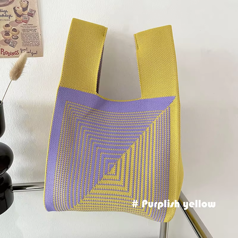 Mini Purse Custom Kids Tote Handbags Polyester Knitted Shoulder Bag Floral Beach Tote Bags for Women