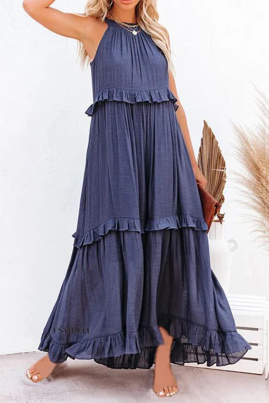 Women Casual Solid Ruffles Long Dress Summer Elegant Sleeveless Sundress Elegant Harajuku Maxi Dress Beach Party Evening Vestido