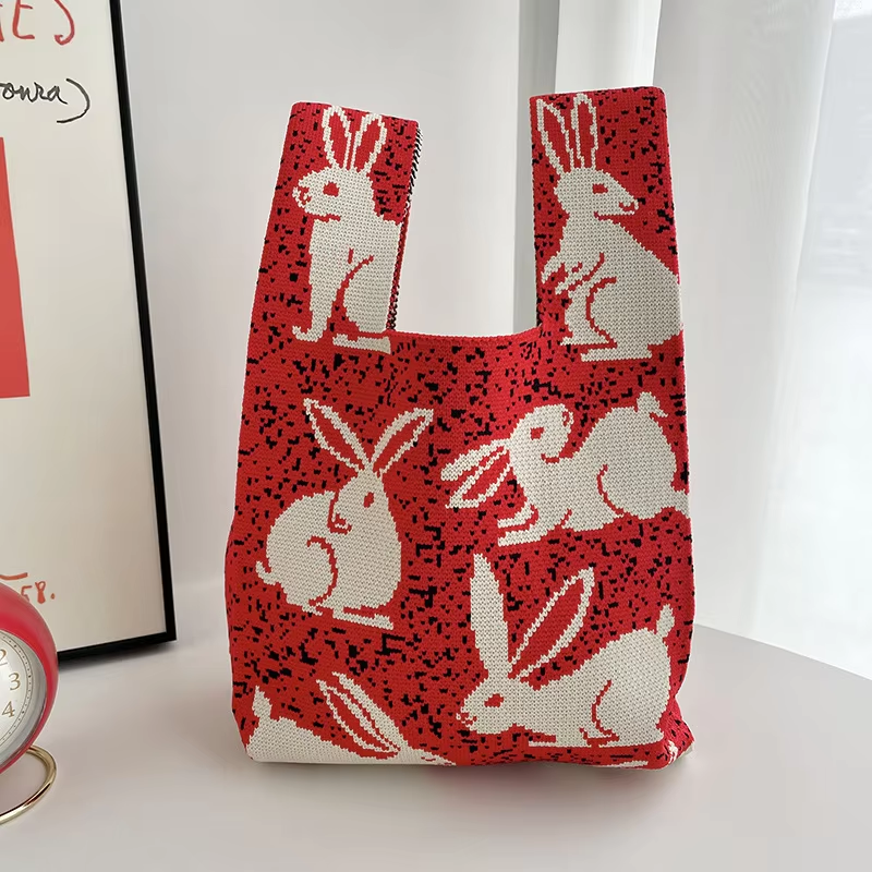 Mini Purse Custom Kids Tote Handbags Polyester Knitted Shoulder Bag Floral Beach Tote Bags for Women