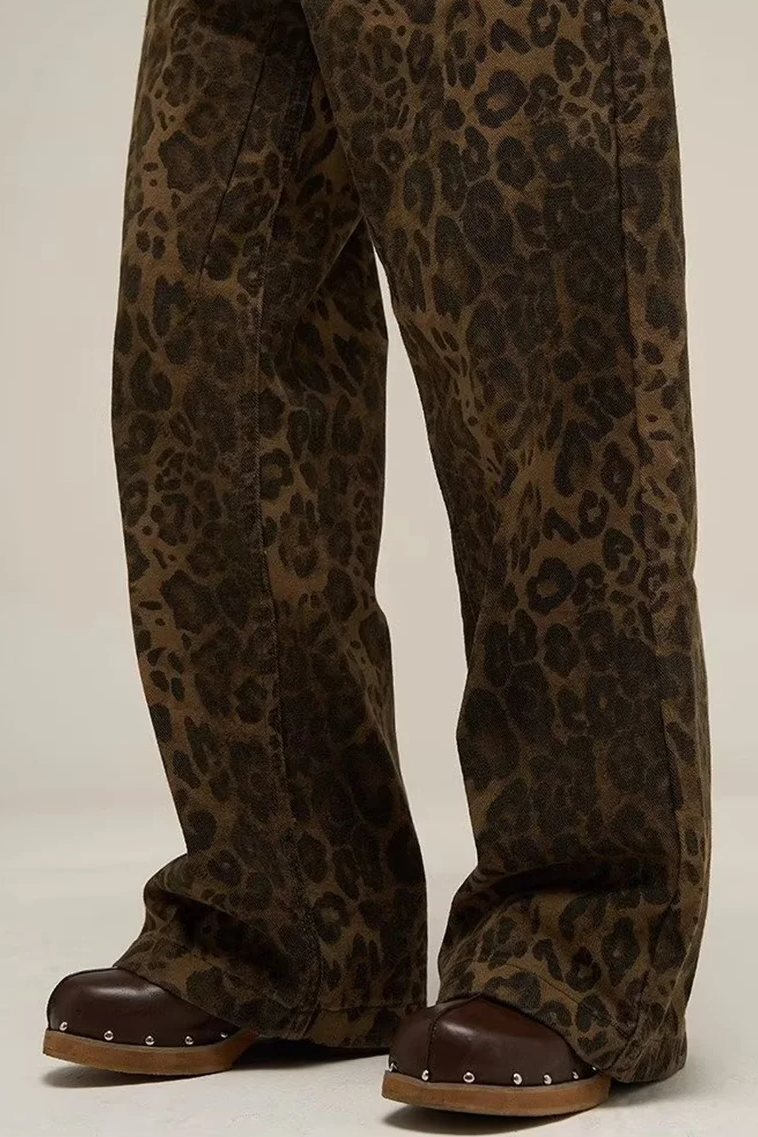 Vintage Leopard Jeans Women Denim Pants Female Oversize Casual Wide Leg Trousers Streetwear Hip Hop Clothes Loose Y2K