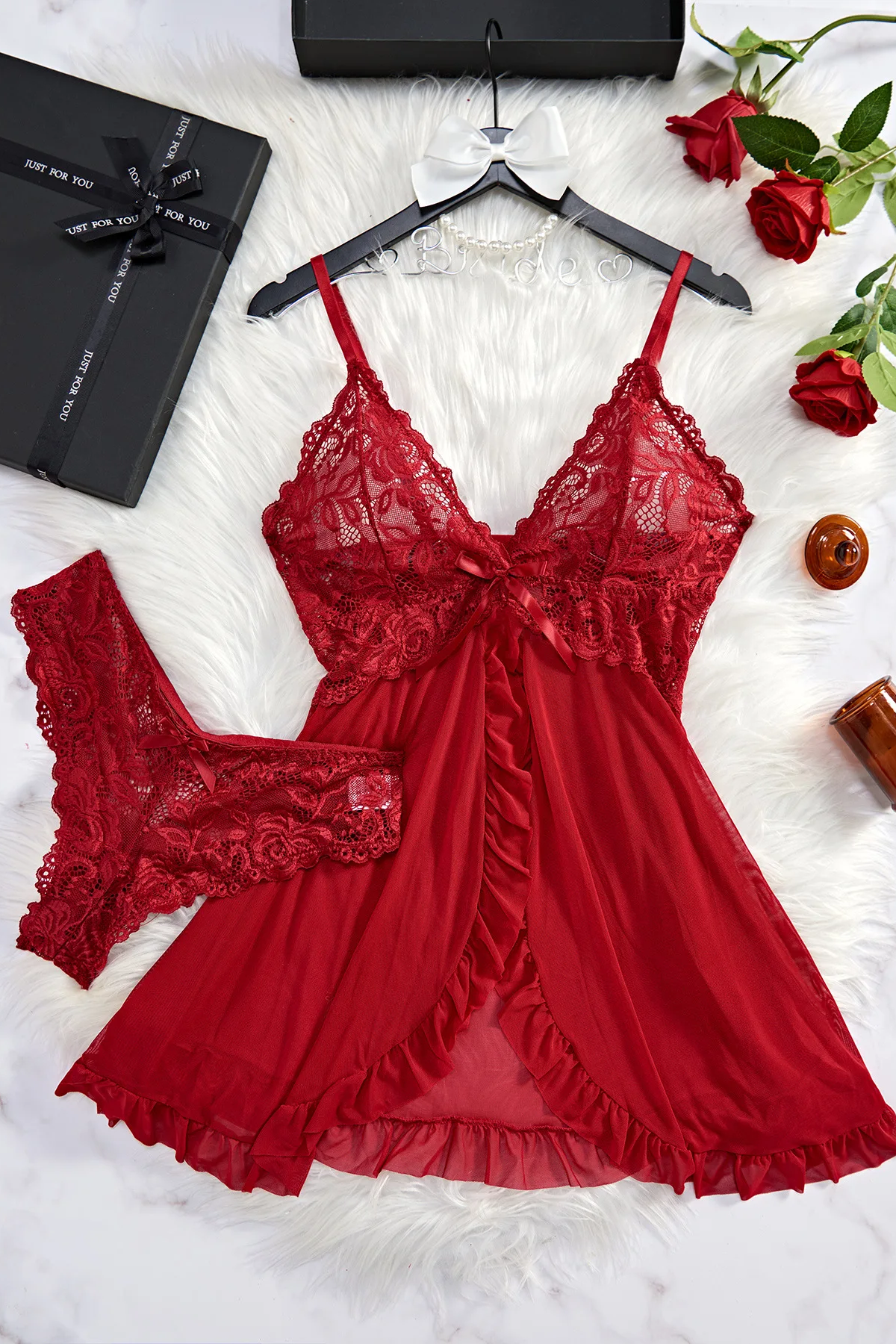 Sexy Lingerie Set Women Erotic Bra Nightdress Sexy Lace Sleepwear Solid Slim Soft Dresses V Neck Full Slip Sleepwear & Dresses