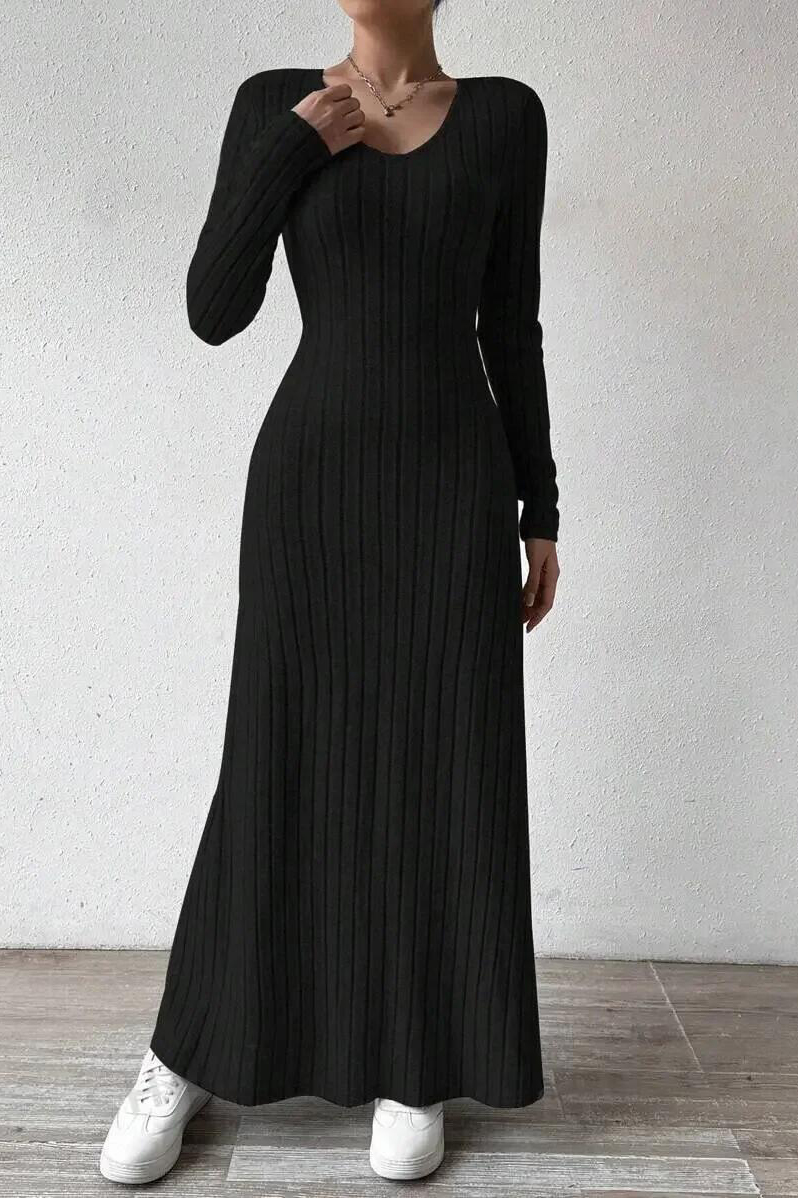 Fashionable Knitted Long Sleeve A- Line Streetwear Dress For Women Smooths And Slims Your Silhouette Solid Color Long Dress